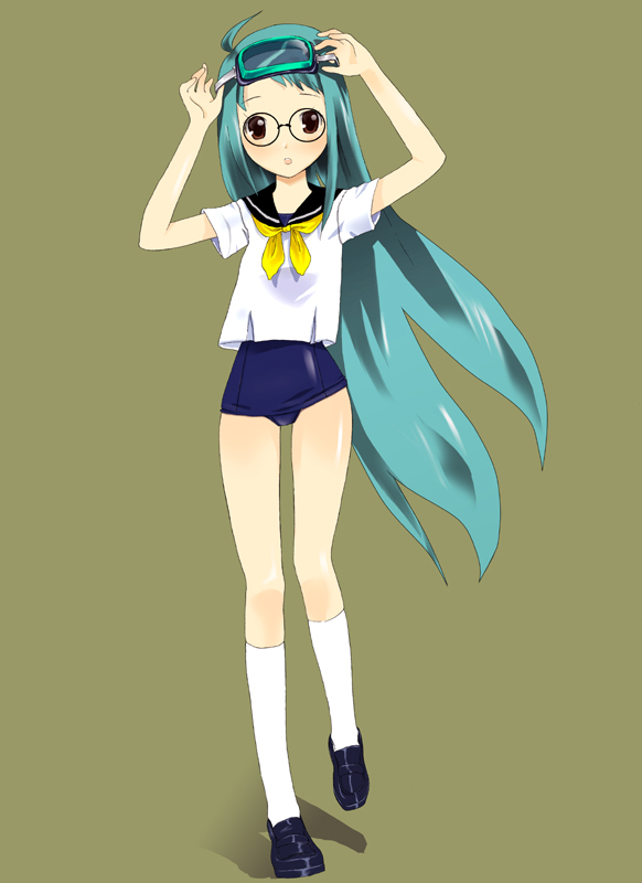 otomo megane, original, 1girl, female focus, full body, glasses, goggles, loafers, long hair, no pants, one-piece swimsuit, school swimsuit, school uniform, serafuku, shoes, simple background, solo, standing, swimsuit, swimsuit under clothes, very long hair