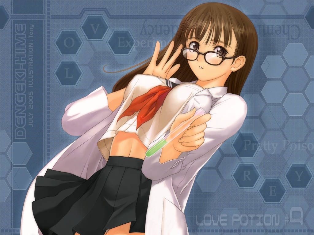 tony taka, dengeki hime, original, non-web source, 1girl, adjusting eyewear, breasts, brown eyes, brown hair, dutch angle, female focus, glasses, lab coat, large breasts, long hair, midriff, panties, pleated skirt, school uniform, science, serafuku, skirt, solo, test tube, underwear, white panties