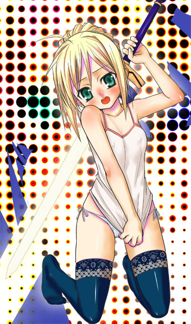 akito (ao's club), akito (artist), artoria pendragon (fate), saber (fate), fate/stay night, fate (series), 00s, 1girl, alternate costume, black thighhighs, blonde hair, blush, camisole, covered erect nipples, covering crotch, covering privates, embarrassed, excalibur (fate/stay night), female focus, flat chest, green eyes, hair bun, kneeling, panties, shirt tug, side-tie panties, single hair bun, solo, sword, thighhighs, underwear, weapon, white panties