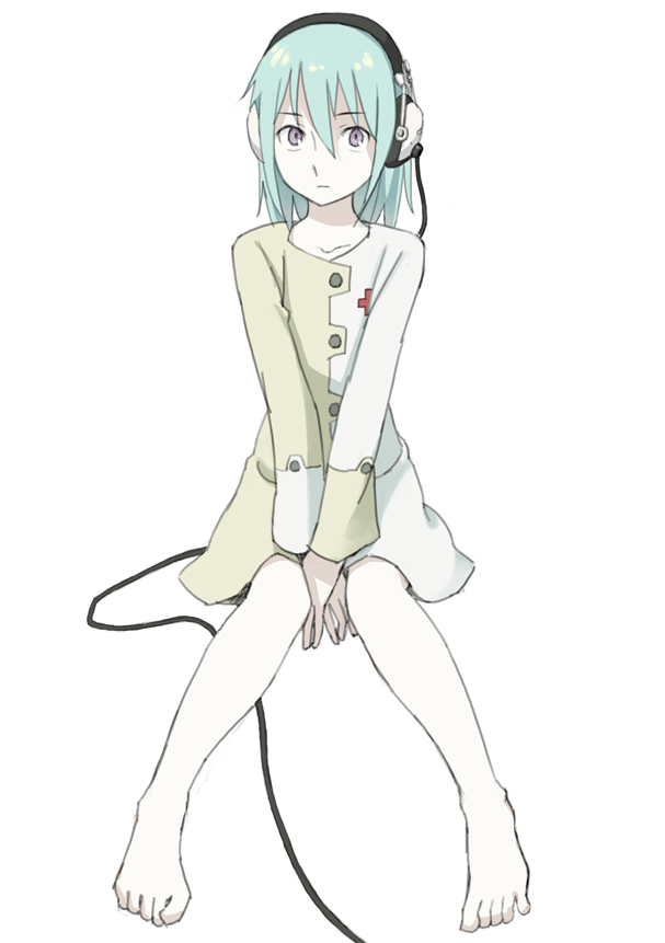 kishida mel, eureka (eureka seven), eureka seven, eureka seven (series), 00s, 1girl, aqua hair, barefoot, dress, feet, female focus, full body, headphones, purple eyes, simple background, sitting, solo, toes, v arms