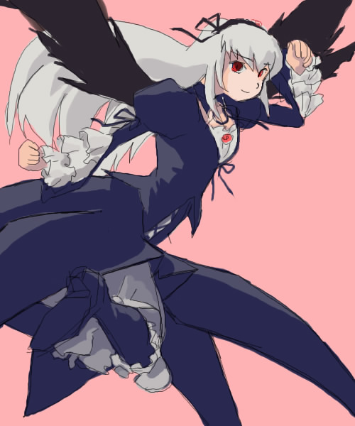 pinzu, suigintou, rozen maiden, 00s, 1girl, black wings, female focus, grey hair, lolita fashion, long hair, red eyes, simple background, smile, solo, wings