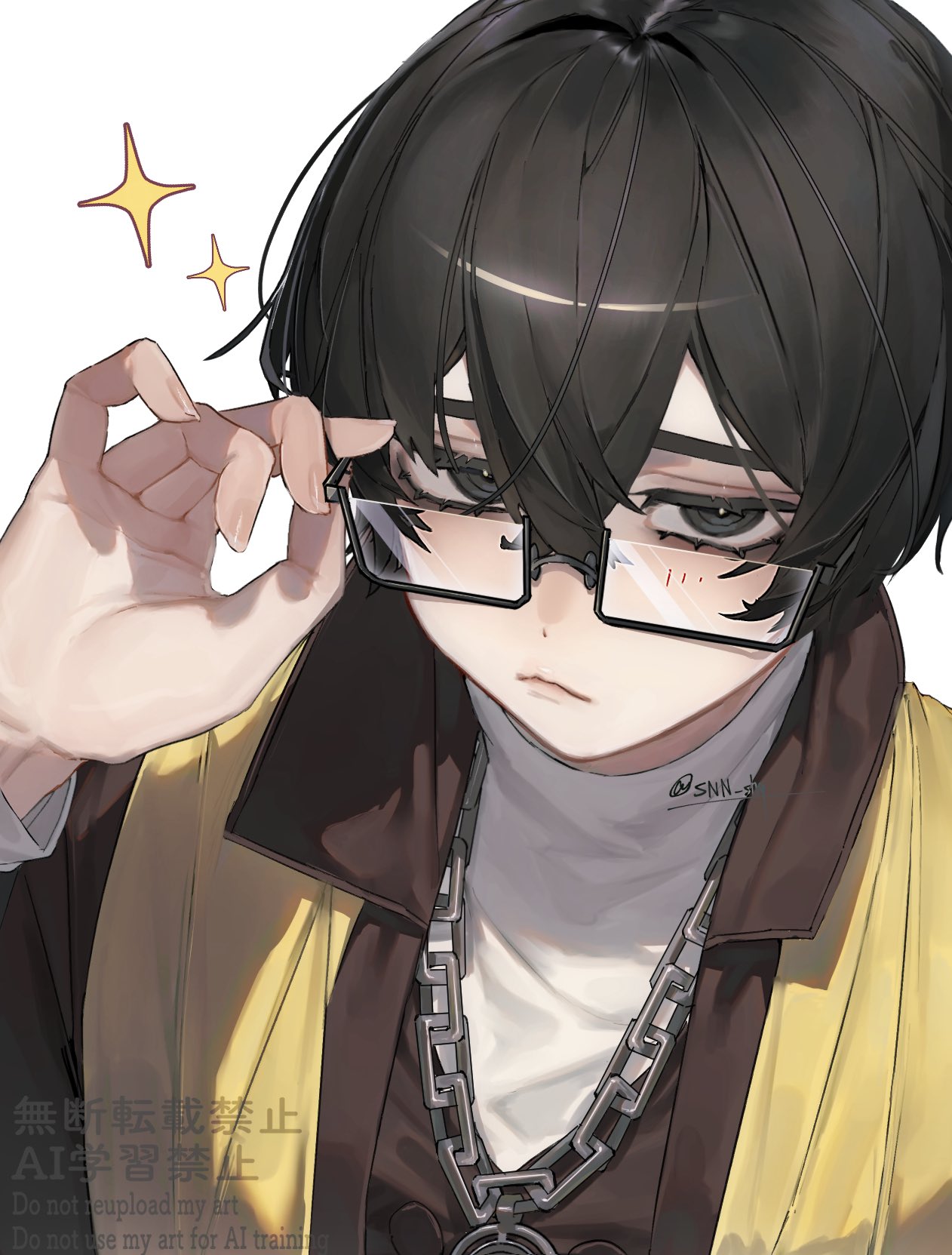 snn shq, yi sang (project moon), limbus company, project moon, highres, 1boy, adjusting eyewear, black eyes, black hair, brown jacket, closed mouth, crossed bangs, dieci association south uniform, double-parted bangs, english text, glasses, hair between eyes, hand up, jacket, looking at viewer, male focus, scarf, short hair, simple background, solo, sparkle, twitter username, upper body, watermark, white background, yellow scarf