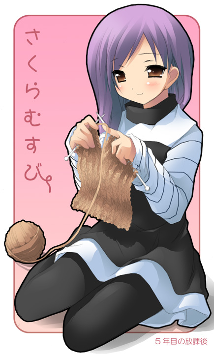 kantoku, sera karen, sakura musubi, 1girl, black pantyhose, female focus, full body, gradient background, knitting, long sleeves, looking at viewer, pantyhose, sewing, sitting, solo, yarn, yarn ball
