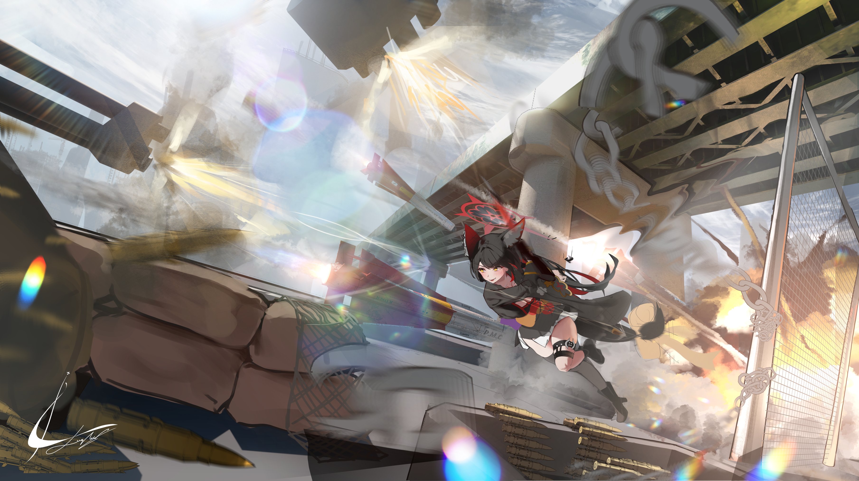 luenar, wakamo (blue archive), blue archive, absurdres, highres, 1girl, animal ear fluff, animal ears, black boots, black hair, black kimono, blush, boots, bow, colored inner hair, explosion, firing, fox ears, fox girl, fox tail, grey thighhighs, gun, halo, high heel boots, high heels, holding, holding gun, holding weapon, japanese clothes, kimono, looking to the side, machine gun, multicolored hair, open mouth, purple sash, red hair, red halo, rifle, running, sash, side slit, single thighhigh, skirt, smile, solo, tail, tail bow, tail ornament, thigh strap, thighhighs, two-tone hair, weapon, white skirt, yellow bow, yellow eyes