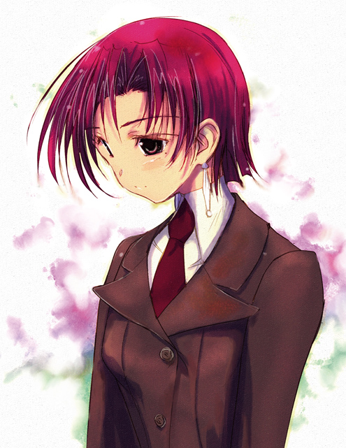 ozaki hiroki, bazett fraga mcremitz, fate/hollow ataraxia, fate/stay night, fate (series), 00s, 1girl, brown eyes, earrings, female focus, formal clothes, head down, jewelry, necktie, pant suit, pants, red hair, short hair, solo, suit