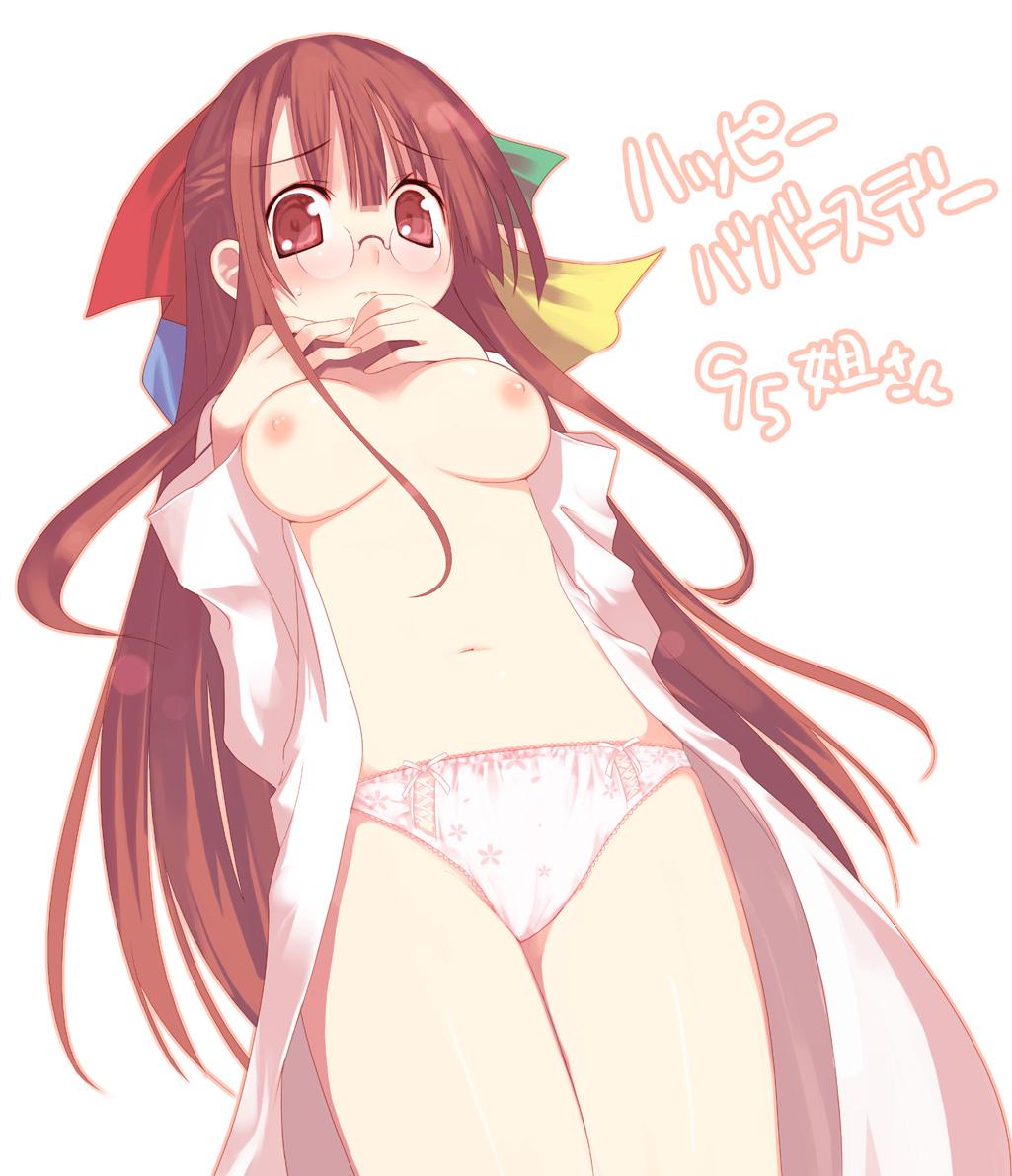 kashiwamochi yomogi, 95-tan, os-tan, 1girl, blush, bow, bow panties, breasts, brown eyes, brown hair, dress, female focus, glasses, hair bow, half updo, lace, lace-trimmed panties, lace trim, long hair, medium breasts, navel, nipples, open clothes, open dress, open shirt, panties, shirt, solo, standing, underwear, white panties
