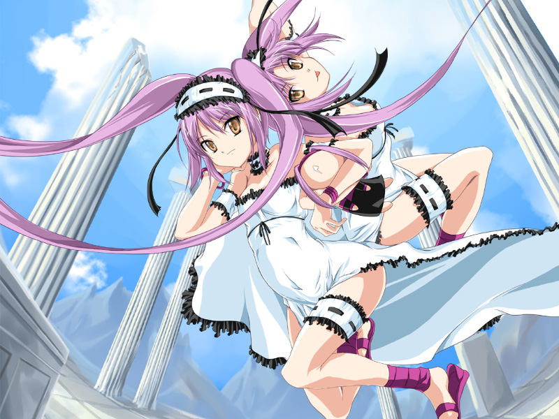 yokomizo daisuke, euryale (fate), stheno (fate), fate/hollow ataraxia, fate/stay night, fate (series), 00s, 2girls, column, frilled thigh strap, multiple girls, pillar, pink hair, sandals, siblings, sisters, thigh strap, twins, yellow eyes