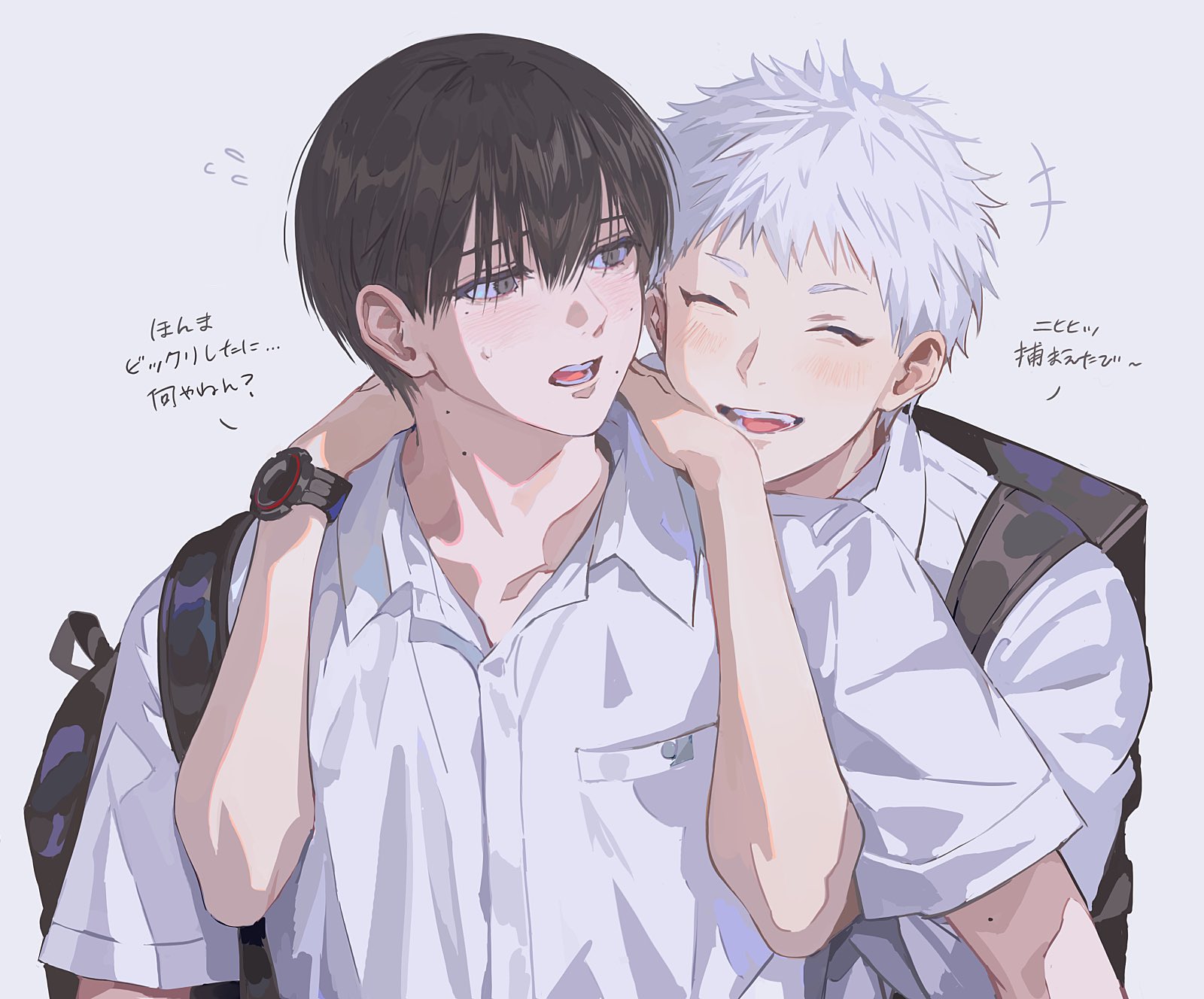 mandaring0, indou hikaru, tsujinaka yoshiki, hikaru ga shinda natsu, commentary request, highres, translation request, 2boys, backpack, bag, black bag, black hair, blush, closed eyes, collared shirt, hair between eyes, hug, hug from behind, looking at another, looking back, male focus, mole, mole on arm, mole on cheek, mole on neck, mole under eye, mole under mouth, multiple boys, multiple moles, open mouth, pocket, shirt, short hair, short sleeves, simple background, smile, teeth, watch, white background, white hair, white shirt, wristwatch