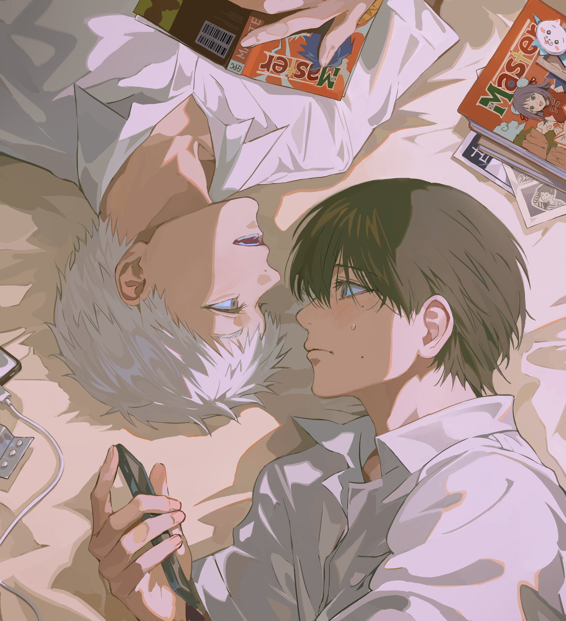 mandaring0, indou hikaru, tsujinaka yoshiki, hikaru ga shinda natsu, commentary request, highres, 2boys, black hair, cellphone, closed mouth, collared shirt, from side, holding, holding phone, light blush, looking at another, lying, male focus, mole, mole on cheek, mole under eye, multiple boys, multiple moles, on back, on side, phone, shirt, short hair, smartphone, white hair, white shirt