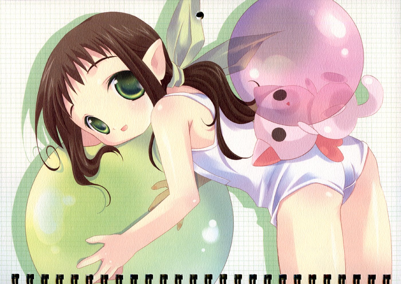tokumi yuiko, hororo (binzume yousei), binzume yousei, 00s, 1girl, ball, elf, female focus, loli, one-piece swimsuit, pointy ears, school swimsuit, shadow, solo, swimsuit, white one-piece swimsuit, white school swimsuit