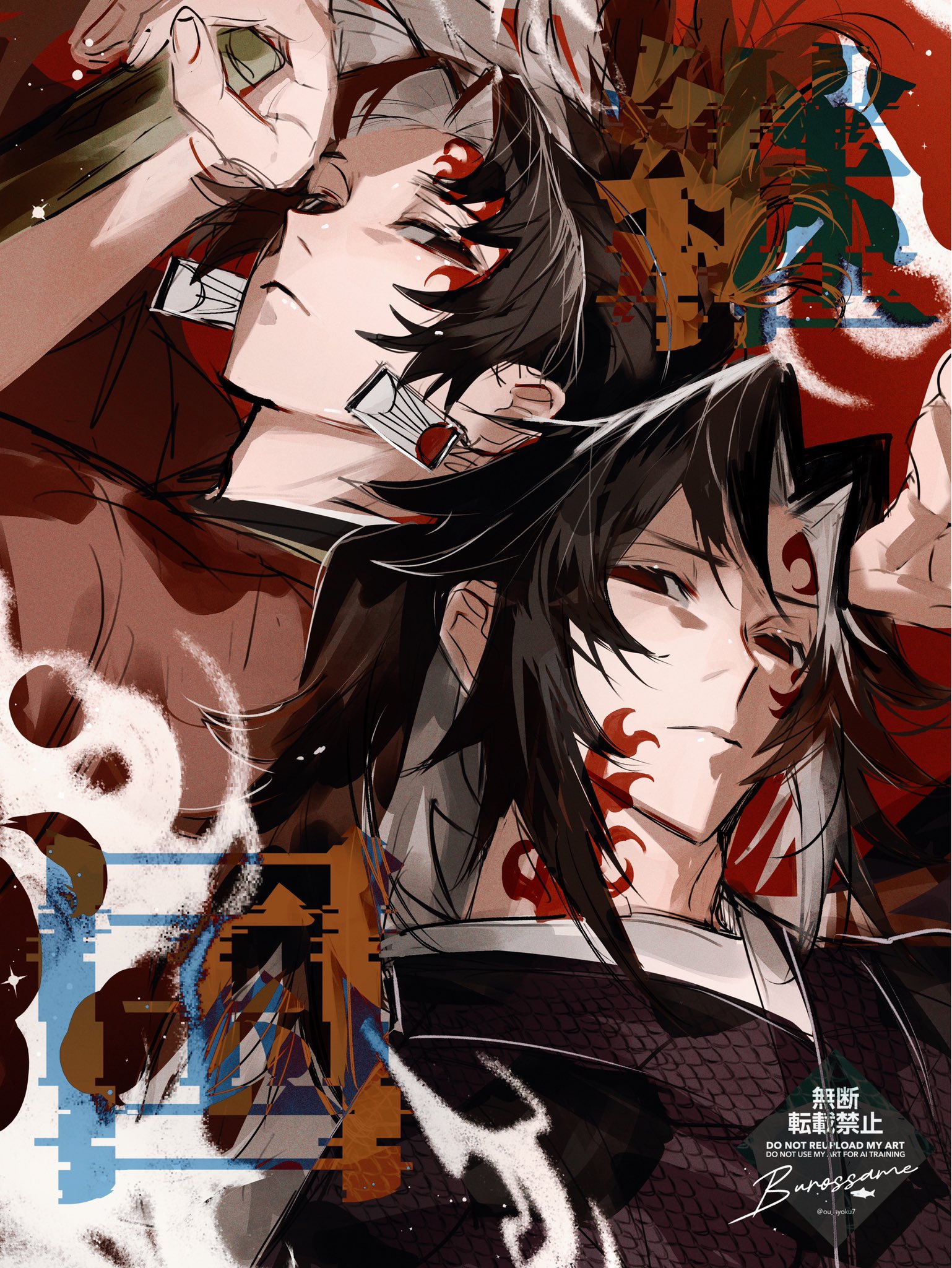 ou syoku7, tsugikuni michikatsu, tsugikuni yoriichi, kimetsu no yaiba, highres, 2boys, black hair, closed mouth, english text, half-closed eyes, hand up, high ponytail, japanese clothes, kimono, long hair, looking at viewer, male focus, multiple boys, ponytail, purple kimono, red eyes, red hair, red kimono, red tattoo, spiked hair, upper body