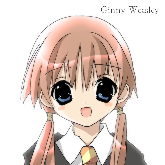 koge donbo, ginny weasley, harry potter (series), wizarding world, 1girl, animification, blue eyes, character name, female focus, open mouth, school uniform, serafuku, solo, twintails