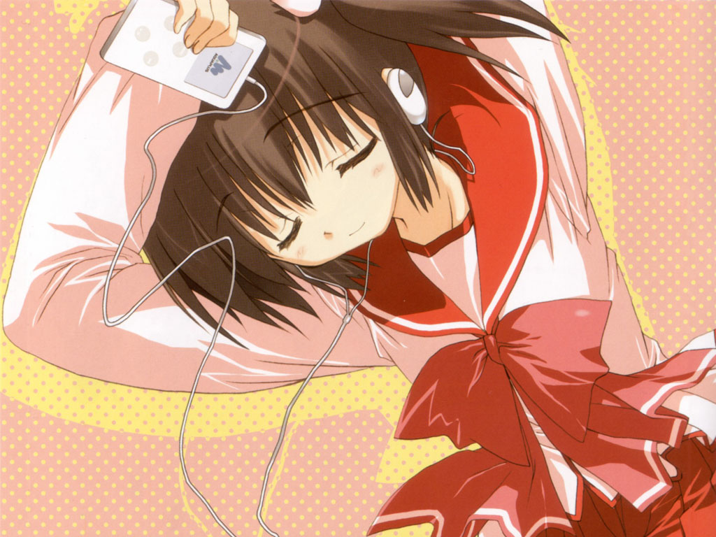 amazuyu tatsuki, yuzuhara konomi, to heart (series), to heart 2, non-web source, official art, official wallpaper, 00s, 1girl, arms up, black hair, bow, breasts, cable, closed eyes, closed mouth, company name, cowboy shot, digital media player, digital walkman, dutch angle, female focus, hair between eyes, headphones, holding, ipod, light smile, listening to music, logo, long sleeves, pink background, pleated skirt, polka dot, polka dot background, red bow, red skirt, school uniform, serafuku, shadow, shirt, short twintails, skirt, small breasts, smile, solo, twintails, white shirt