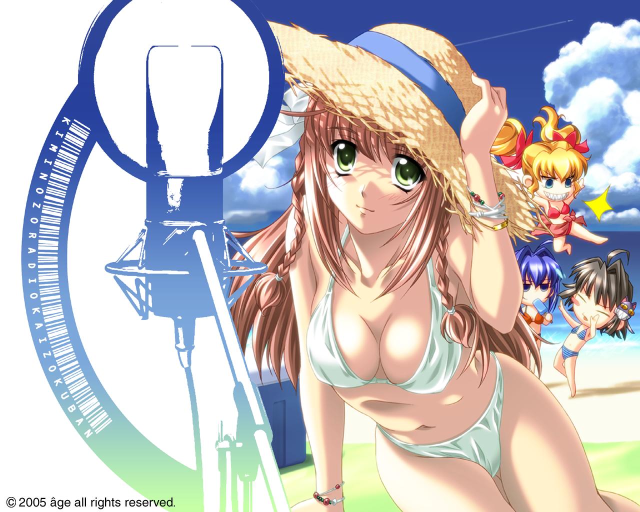 daikuuji ayu, hayase mitsuki, suzumiya haruka, tamano mayu, kimi ga nozomu eien, 00s, 4girls, beach, bikini, black hair, blonde hair, blue eyes, blue hair, braid, breasts, brown hair, chibi, cleavage, closed eyes, cloud, day, food, green eyes, grin, hat, long hair, medium breasts, multiple girls, popsicle, sarong, smile, straw hat, swimsuit, twin braids, twintails