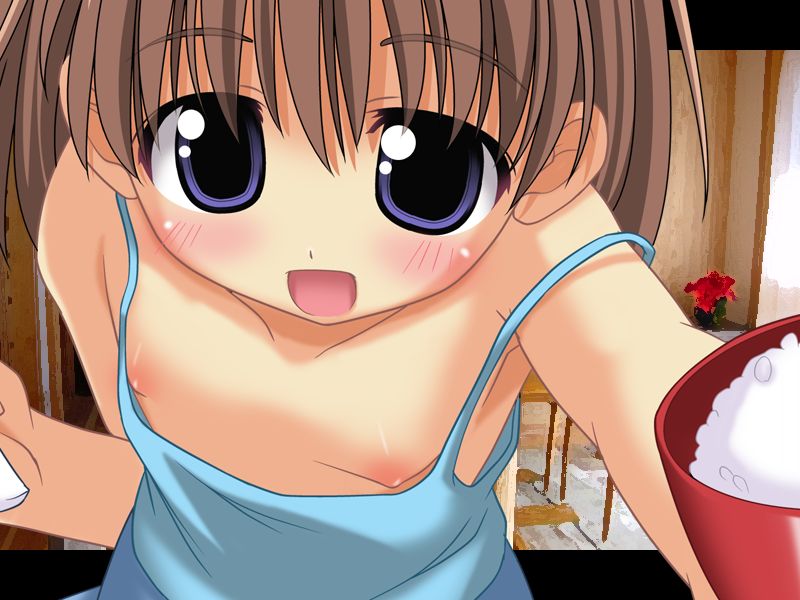 misooden, character request, copyright request, 1girl, blue eyes, blush, brown hair, downblouse, female focus, flat chest, loli, nipple slip, nipples, no bra, rice, smile, solo
