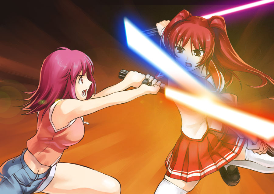 tanaka shoutarou, kousaka tamaki, naegino sora, kaleido star, star wars, to heart (series), to heart 2, brown eyes, casual, clash, crossover, denim, denim shorts, energy sword, lightsaber, parody, pleated skirt, red hair, school uniform, serafuku, shorts, skirt, sword, thighhighs, weapon