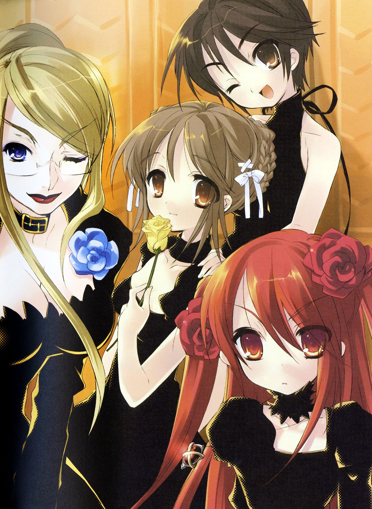 ito noizi, alastor (shakugan no shana), margery daw, ogata matake, sakai yuuji, shana, yoshida kazumi, shakugan no shana, highres, 00s, 4girls, ;), ;d, bare shoulders, black dress, black hair, blonde hair, blue eyes, blue flower, blue rose, boutonniere, breasts, brown eyes, brown hair, choker, cleavage, collarbone, dress, evening gown, flower, glasses, goth fashion, hair between eyes, hair flower, hair ornament, hair ribbon, halterneck, hand on another's shoulder, holding, holding flower, large breasts, lips, lipstick, looking at viewer, makeup, medium breasts, multiple girls, one eye closed, open mouth, red eyes, red flower, red hair, red rose, ribbon, rimless eyewear, rose, smile, upper body, yellow flower, yellow rose