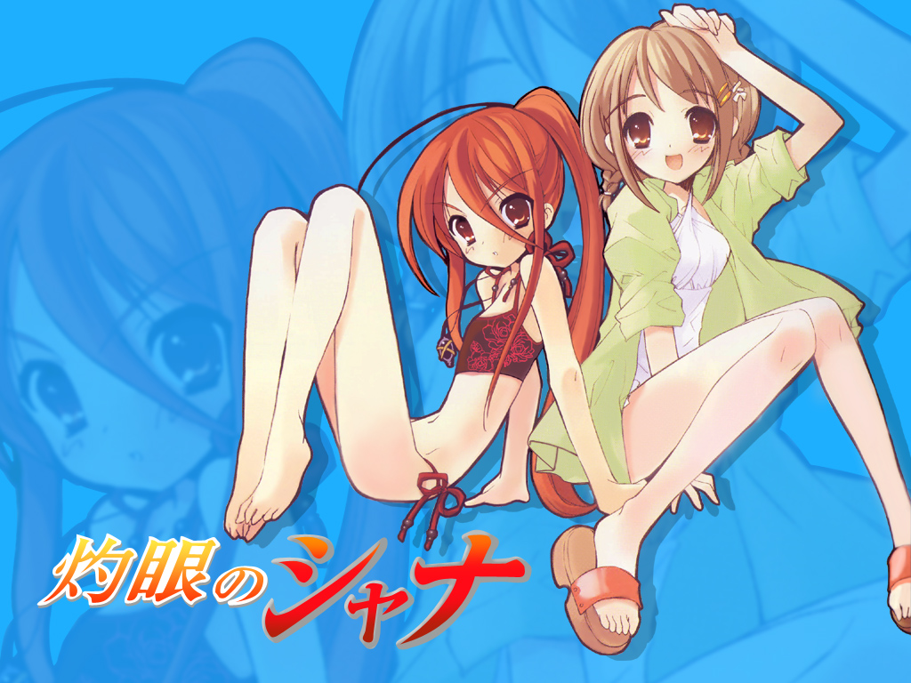 ito noizi, alastor (shakugan no shana), shana, yoshida kazumi, shakugan no shana, 00s, 2girls, ahoge, back-to-back, barefoot, bikini, blush, brown eyes, brown hair, feet, flat chest, hair ornament, hairclip, jewelry, lingerie, long hair, long legs, multiple girls, open clothes, open shirt, pendant, ponytail, red eyes, red hair, sandals, shirt, short twintails, side-tie bikini bottom, sitting, swimsuit, tankini, twintails, underwear, zoom layer