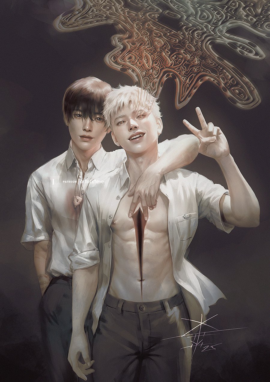 xteve abanto, indou hikaru, tsujinaka yoshiki, hikaru ga shinda natsu, highres, 2boys, black hair, black pants, blood, buttons, collared shirt, cowboy shot, deep wound, fingernails, hand in pocket, injury, lips, looking at viewer, male focus, mole, mole on cheek, mole under eye, mole under mouth, multiple boys, multiple moles, navel, nipples, nose, open clothes, open shirt, pants, pocket, shirt, shirt tucked in, short hair, short sleeves, smile, standing, v, veins, veiny hands, white hair, white shirt