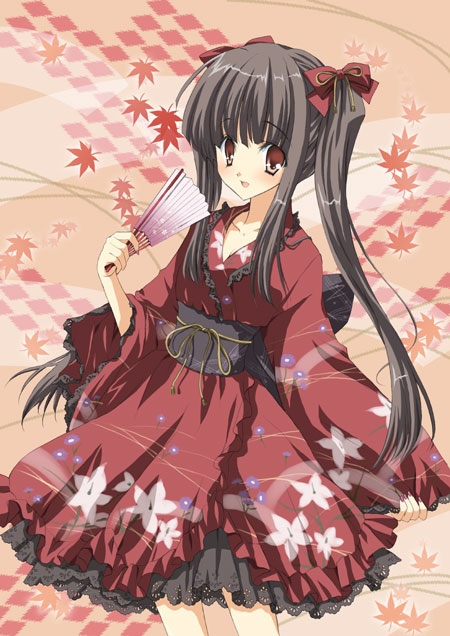 yukiwo, 1girl, brown hair, dress, female focus, folding fan, frills, hair ornament, hand fan, japanese clothes, leaf, lolita fashion, obi, red eyes, ribbon, sash, solo, twintails, wa lolita
