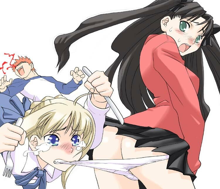 artoria pendragon (fate), emiya shirou, saber (fate), tohsaka rin, fate/stay night, fate (series), 00s, 1boy, 2girls, ass, blonde hair, blood, blouse, fork, knife, multiple girls, nosebleed, panties, panty pull, pantyshot, raglan sleeves, shirt, tears, two side up, underwear, upskirt, white panties