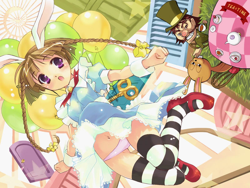 alice's adventures in wonderland, game cg, 1boy, 1girl, animal ears, balloon, blush, bow, braid, brown hair, dress, dutch angle, frills, hair ribbon, jumping, lingerie, long hair, lowleg, lowleg panties, navel, panties, pantyshot, petticoat, purple eyes, rabbit ears, ribbon, shoes, short hair with long locks, striped clothes, striped thighhighs, thigh gap, thighhighs, thighs, tress ribbon, twin braids, underwear, white panties