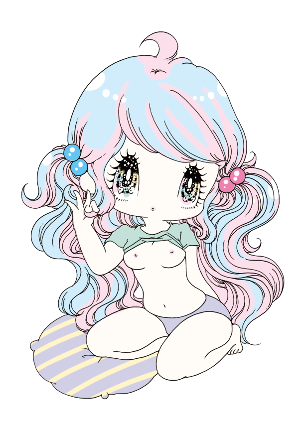 sekiya yurie, original, 1girl, blue hair, breasts, deformed, eyelashes, hair bobbles, hair ornament, heart, multicolored eyes, nipples, panties, pink hair, solo, sparkling eyes, twintails, underwear