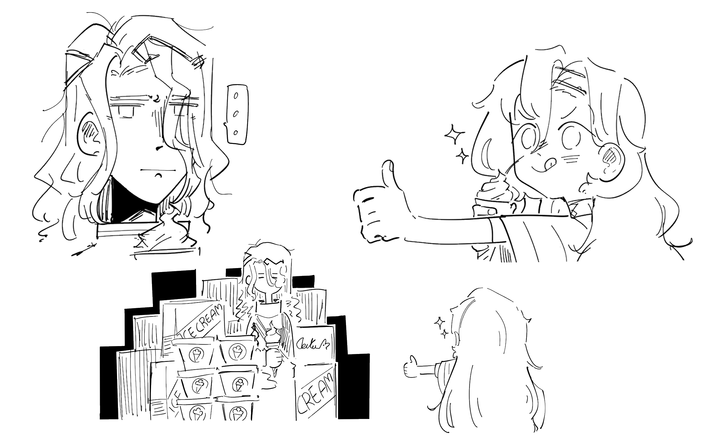 daku k, 37 (reverse:1999), 6 (reverse:1999), reverse:1999, highres, …, 1boy, 1girl, :q, :|, box, closed mouth, facing another, food, full body, greyscale, hair between eyes, holding, holding food, holding ice cream, ice cream, ice cream cone, lineart, long hair, monochrome, outstretched arm, sparkle, speech bubble, spoken ellipsis, thumbs up, tongue, tongue out, very long hair, white background