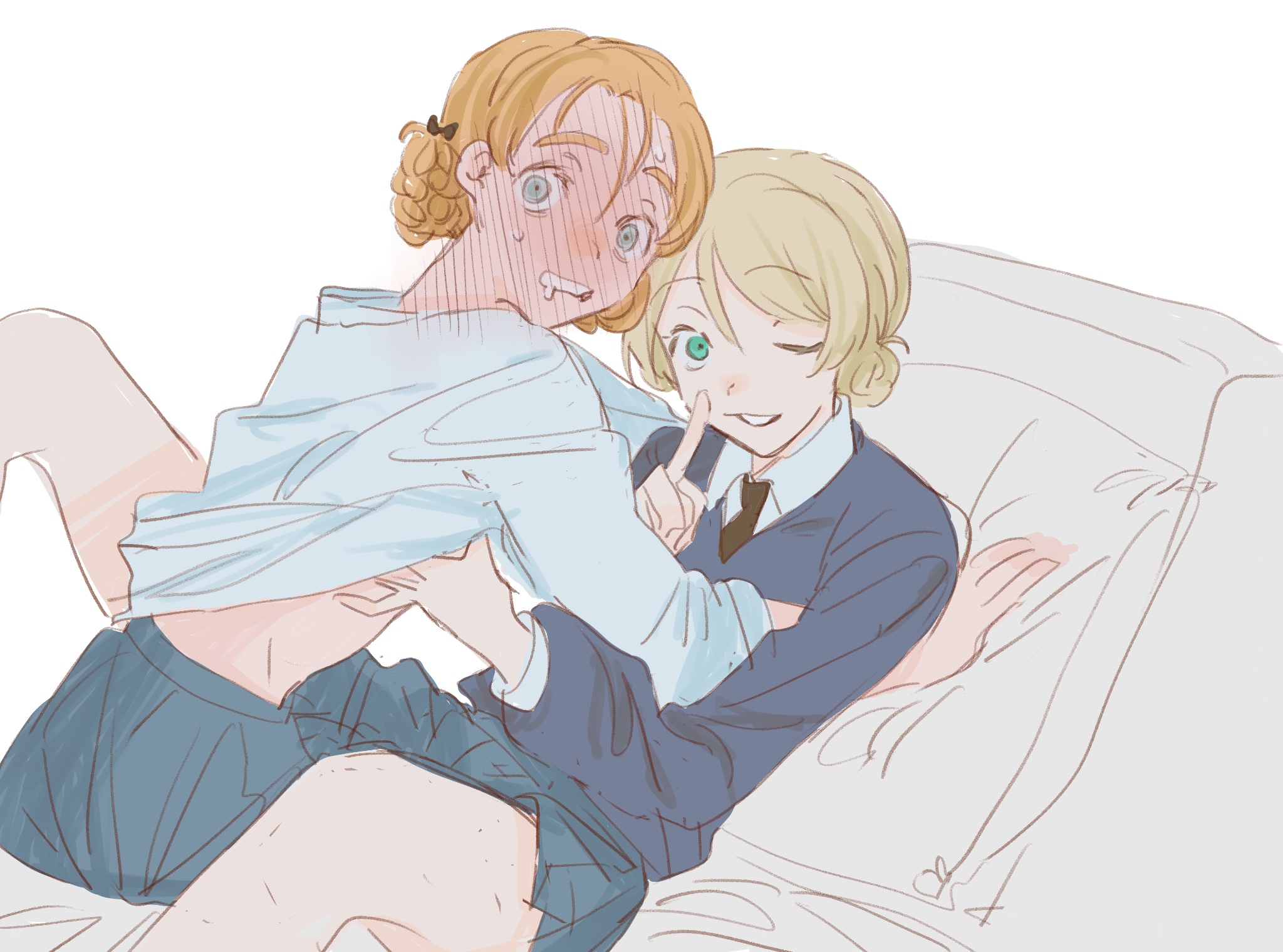aaru (kerogero1582), darjeeling (girls und panzer), orange pekoe (girls und panzer), girls und panzer, commentary request, highres, 2girls, aqua eyes, between legs, black necktie, blonde hair, blue skirt, blue sweater, blush, clothes lift, collared shirt, couch, finger to mouth, full-face blush, girl on top, grin, lifting another's clothes, long sleeves, looking at viewer, looking back, multiple girls, necktie, on couch, orange hair, school uniform, shirt, shirt lift, short hair, shushing, simple background, sketch, skirt, smile, st. gloriana's school uniform, sweater, v-shaped eyebrows, white background, white shirt, yuri