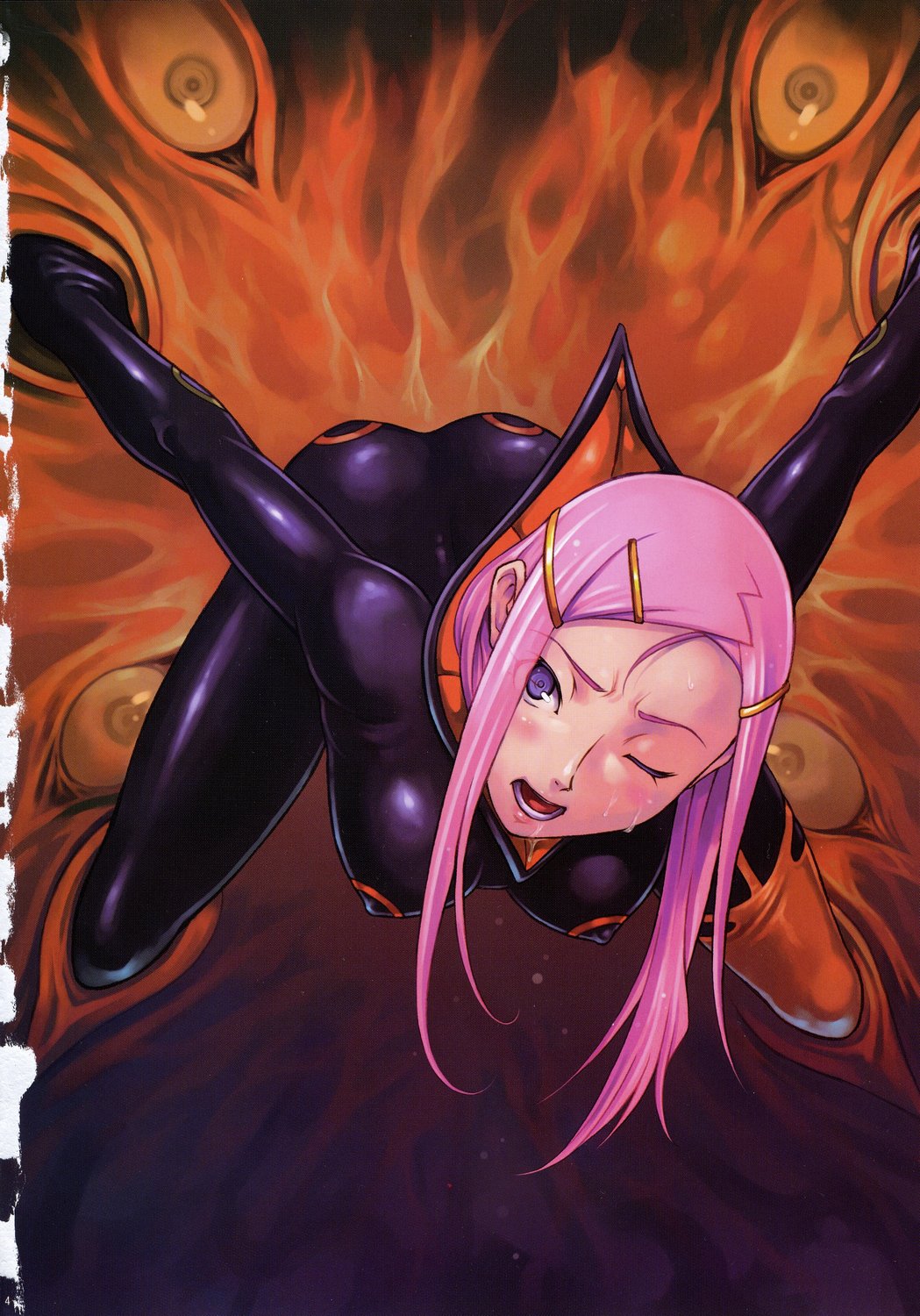 maruto!, anemone (eureka seven), theend, eureka seven, eureka seven (series), alternate breast size, highres, traditional media, 00s, 1girl, bdsm, bent over, black bodysuit, bodysuit, bondage, bound, breasts, captured, cockpit, covered erect nipples, female focus, hair ornament, hairclip, latex, long hair, medium breasts, nipples, open mouth, pink hair, purple eyes, saliva, shiny clothes, skin tight, solo, spandex, sweat, wince