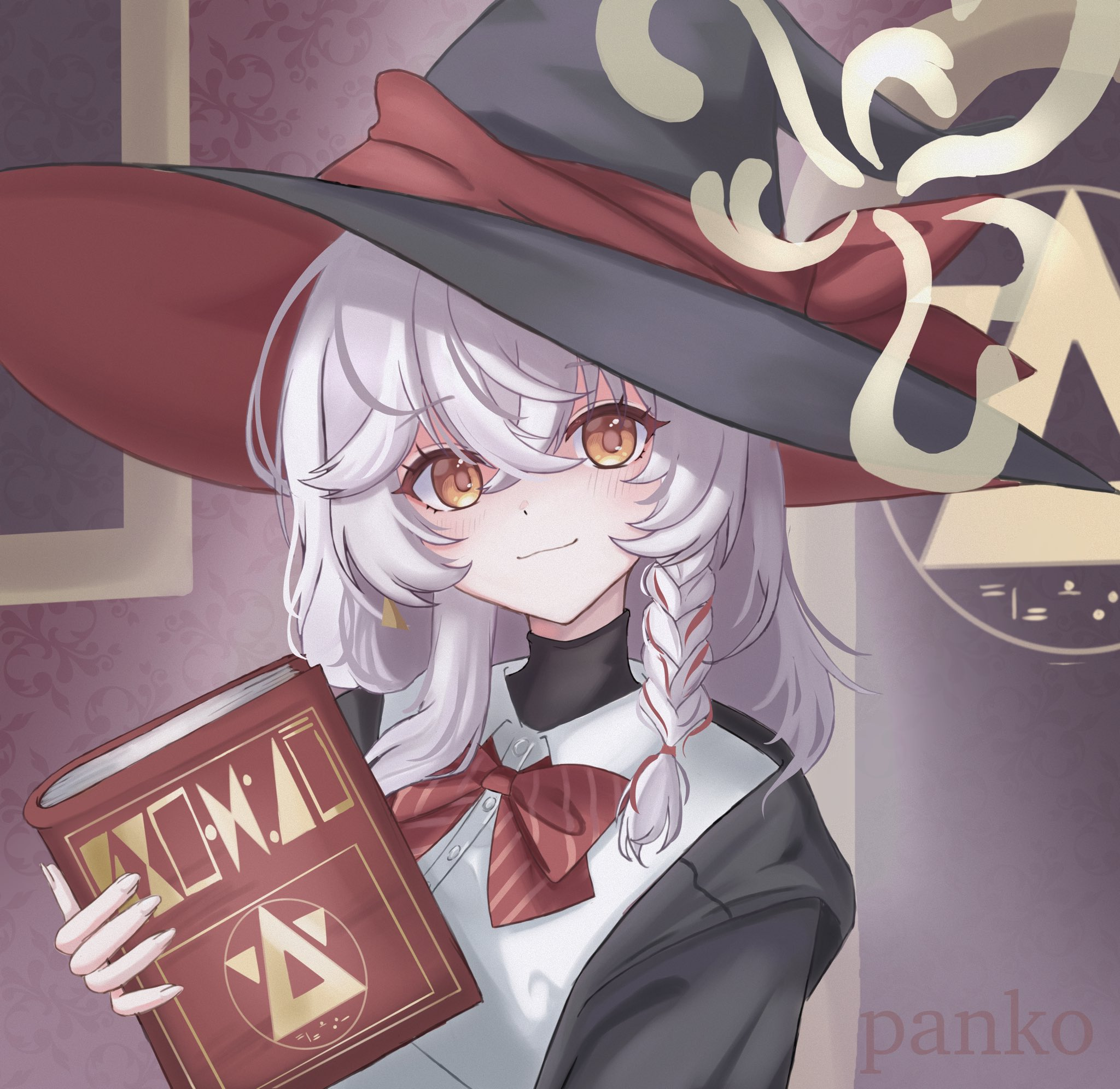 eri (blue archive), blue archive, :3, blush stickers, book, bow, bowtie, braid, halo, hat, holding, holding book, jacket, long coat, long hair, orange eyes, shirt, skirt, sweater, watermark, white hair, witch hat