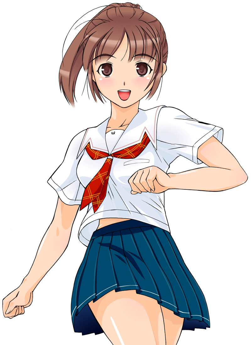 sakino asuka, kimi kiss, blush, brown eyes, brown hair, open mouth, pleated skirt, ponytail, school uniform, serafuku, simple background, skirt, solo, white background