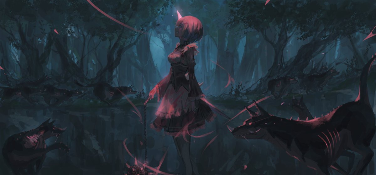 ro ka ro ka, rem (re:zero), re:zero kara hajimeru isekai seikatsu, 1girl, blood, blood on clothes, blue eyes, blue hair, chain, evil smile, fang, flail, forest, glowing, horns, maid, monster, nature, night, short hair, silhouette, single horn, smile, standing, weapon