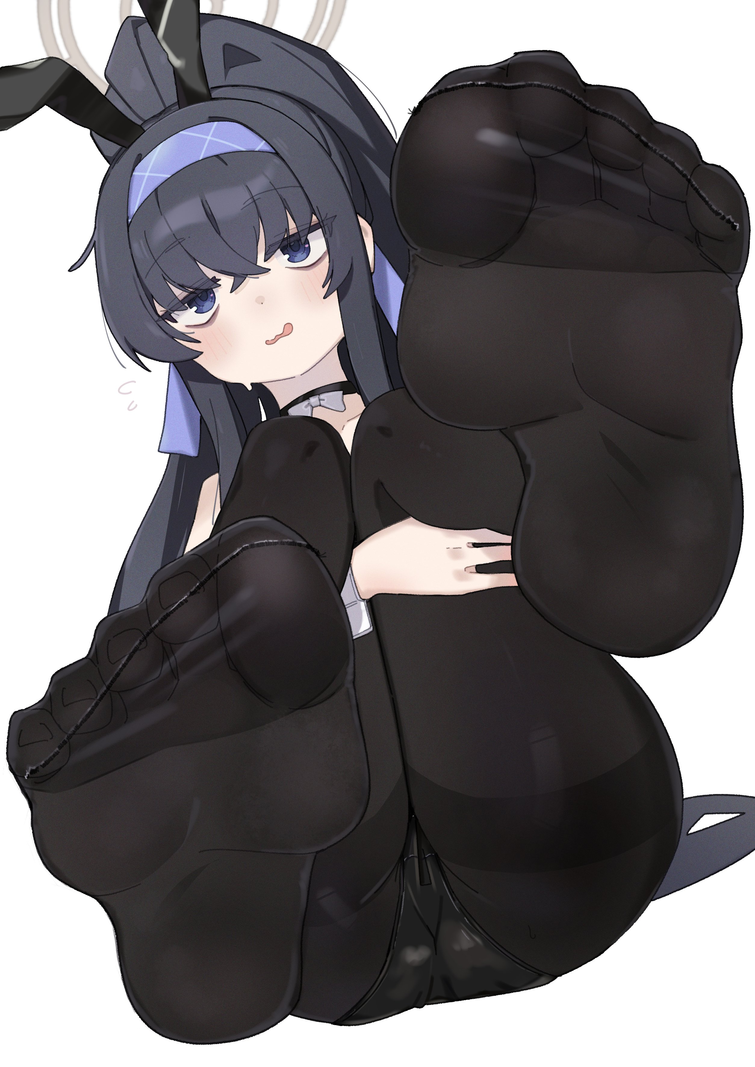 kilabo, ui (blue archive), blue archive, absurdres, highres, 1girl, alternate costume, animal ears, bags under eyes, black choker, black hair, black leotard, black pantyhose, blue eyes, blue hairband, blush, bow, bowtie, bunny day, choker, collarbone, crossed bangs, dot nose, fake animal ears, feet, feet up, flying sweatdrops, foot focus, foreshortening, grey halo, hairband, halo, jitome, leg grab, leotard, long hair, long sidelocks, nervous smile, nervous sweating, pantyhose, playboy bunny, ponytail, rabbit ears, sidelocks, simple background, sitting, smile, soles, solo, sweat, toes, very long hair, wavy mouth, white background, white bow, white bowtie, white wrist cuffs, wrist cuffs