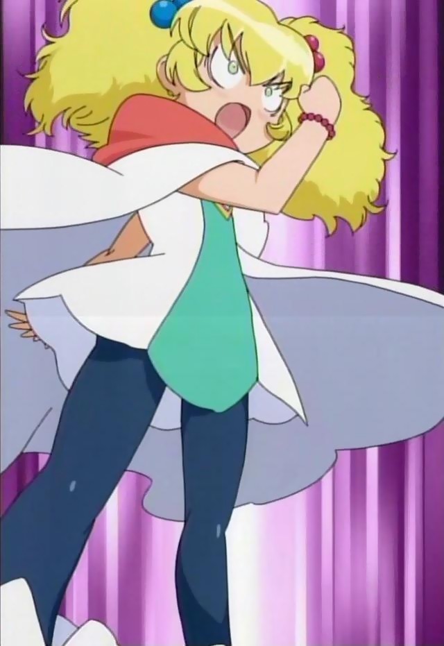 altessa, fushigiboshi no futago hime, anime screenshot, stitched, third-party edit, 00s, 1girl, angry, blonde hair, blush, bracelet, bringiton, cape, clenched hand, dress, female focus, green eyes, hair bobbles, hair ornament, jewelry, open mouth, pantyhose, solo, twintails