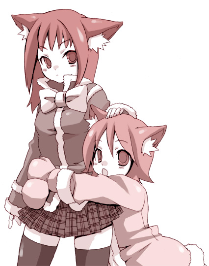 kubyou azami, original, 2girls, animal ears, cat ears, cat girl, female focus, multiple girls, red eyes, red hair, simple background, thighhighs, white background