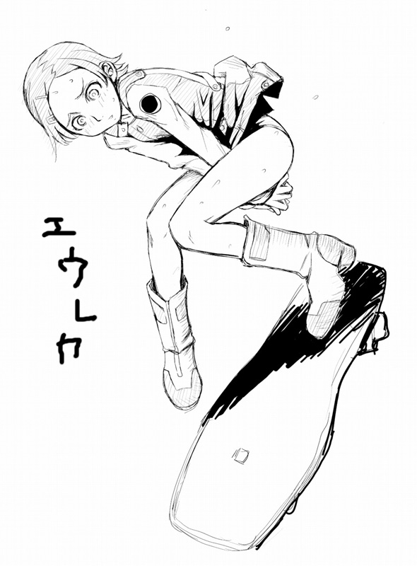 teri terio, eureka (eureka seven), eureka seven, eureka seven (series), 00s, 1girl, blush, covering privates, female focus, greyscale, monochrome, panties, simple background, solo, underwear, wind