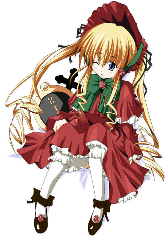 uta (utaite), shinku, rozen maiden, white legwear, 00s, 1girl, blonde hair, blue eyes, bonnet, bow, capelet, dress, drill hair, female focus, flower, full body, hair ribbon, lolita fashion, long hair, long sleeves, looking at viewer, one eye closed, pocket watch, ribbon, rose, simple background, sitting, solo, twintails, very long hair, watch, white background