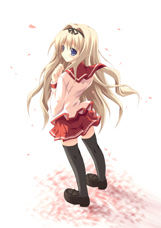 ruru (artist), ruru (heat haze), kusugawa sasara, to heart (series), to heart 2, 00s, 1girl, blonde hair, female focus, long sleeves, pleated skirt, school uniform, serafuku, skirt, solo, thighhighs