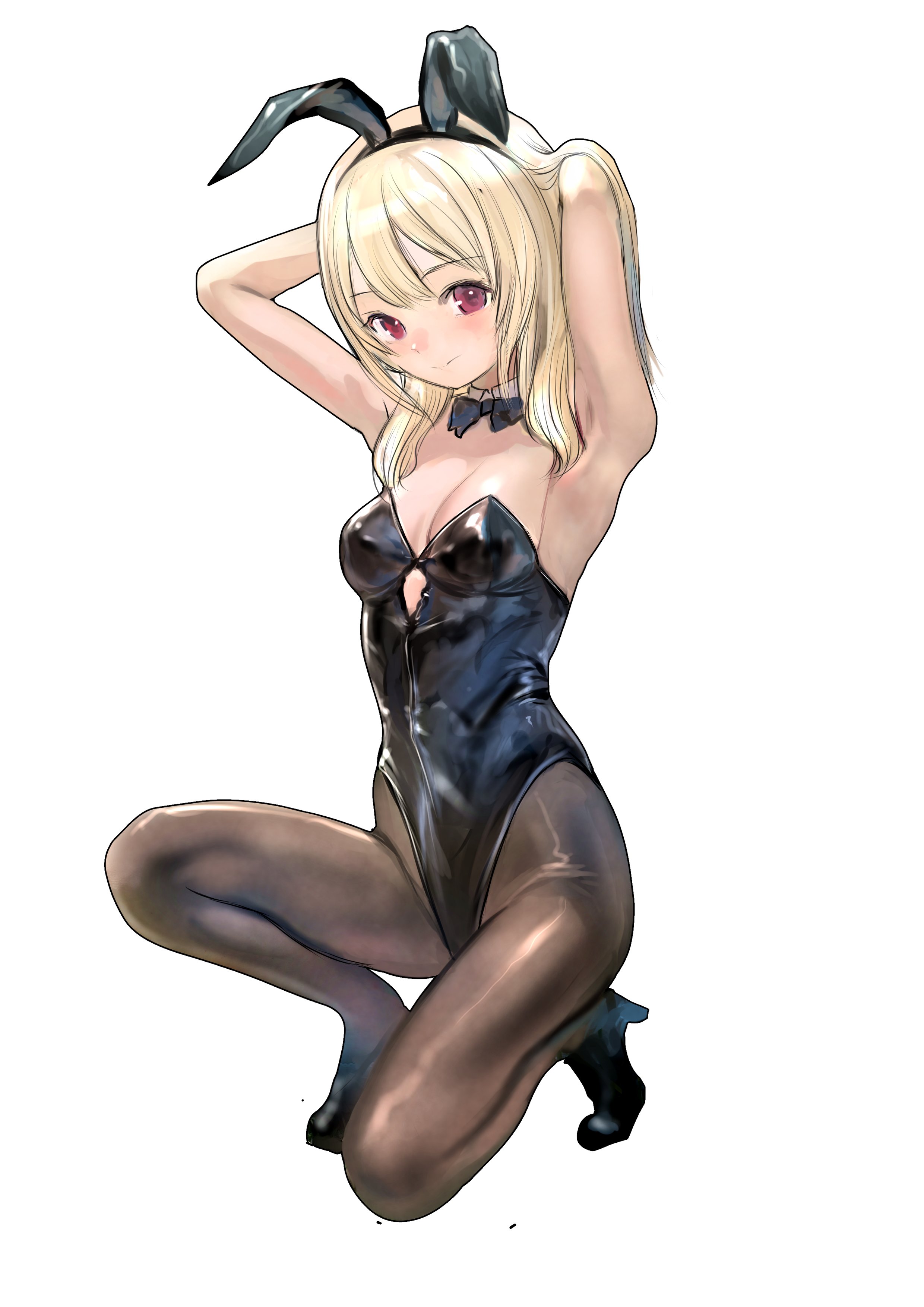 emutsuichi, original, absurdres, highres, 1girl, animal ears, armpits, arms up, bare shoulders, black leotard, black pantyhose, blonde hair, blush, bow, bowtie, breasts, closed mouth, clothing cutout, collar, covered navel, detached collar, fake animal ears, leotard, looking at viewer, navel, pantyhose, playboy bunny, purple eyes, rabbit ears, simple background, small breasts, smile, solo, strapless, strapless leotard, white background