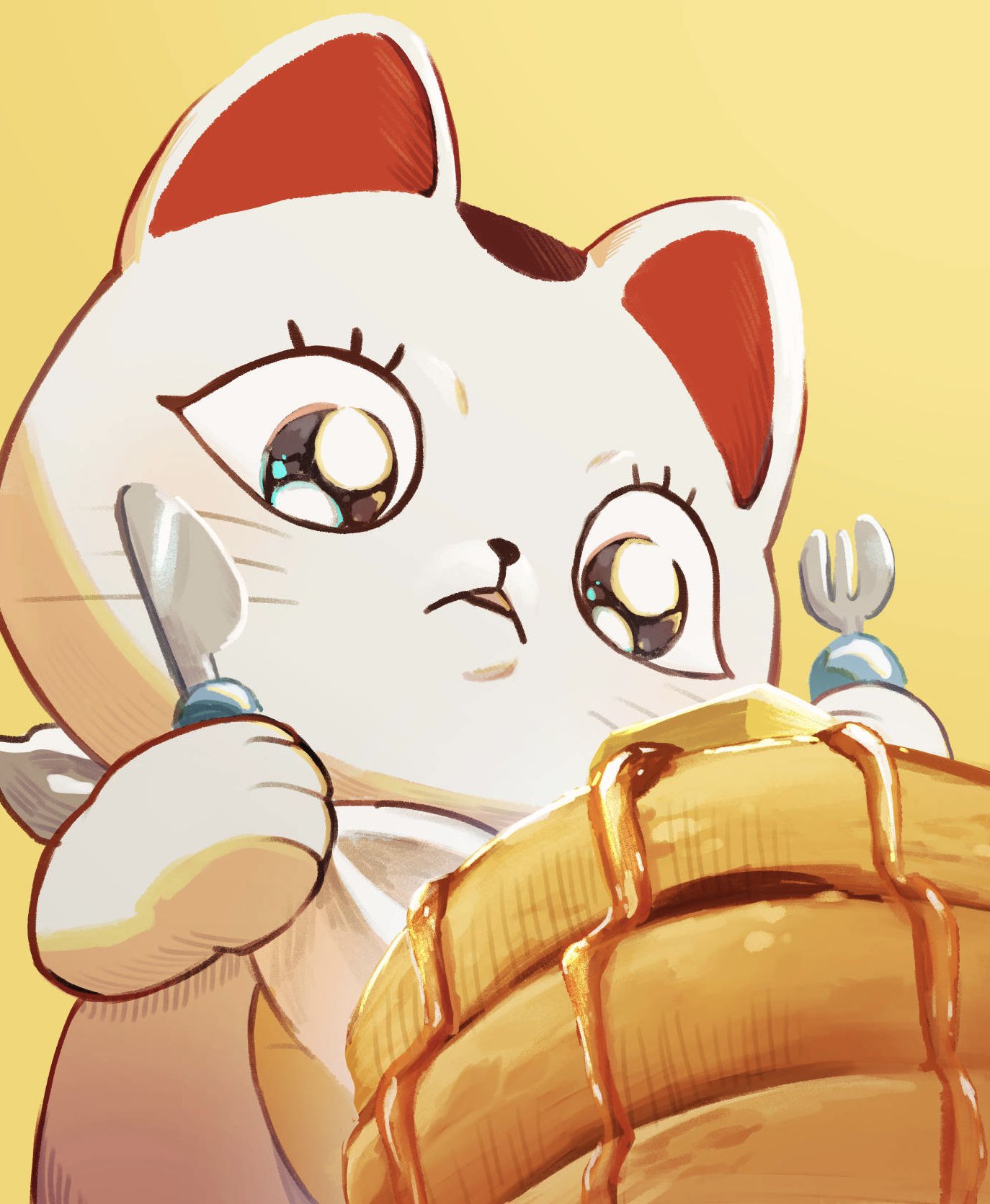 turbo granny (dandadan), dandadan, commentary request, highres, 1girl, cat, food, fork, holding, holding fork, holding knife, knife, maneki-neko, pancake, pancake stack, parted lips, solo, sumireiro inmy, upper body, whiskers, yellow background