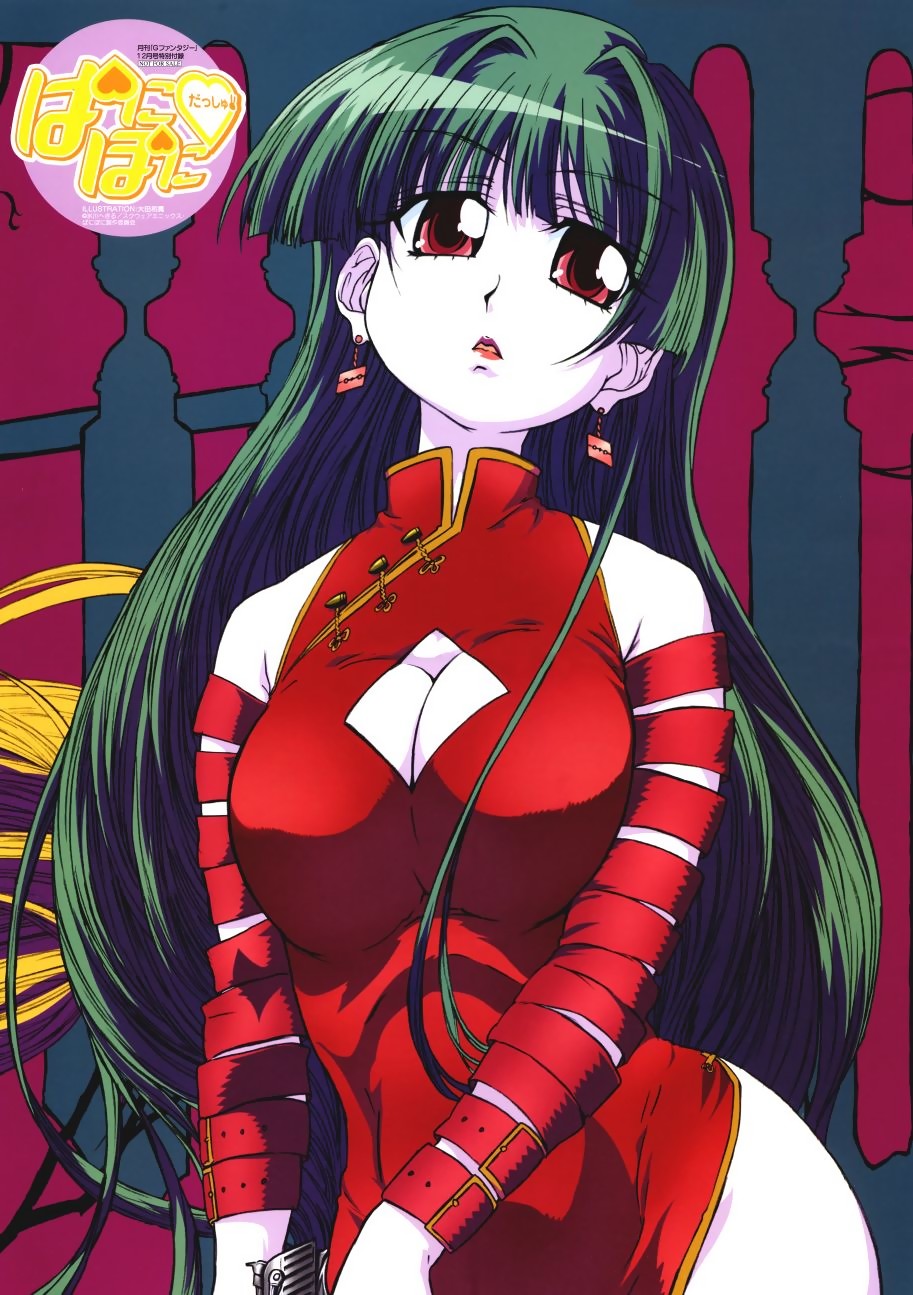 tachibana rei, pani poni dash!, highres, 00s, belt, breasts, china dress, chinese clothes, dress, green hair, gun, large breasts, long hair, red eyes, solo, weapon
