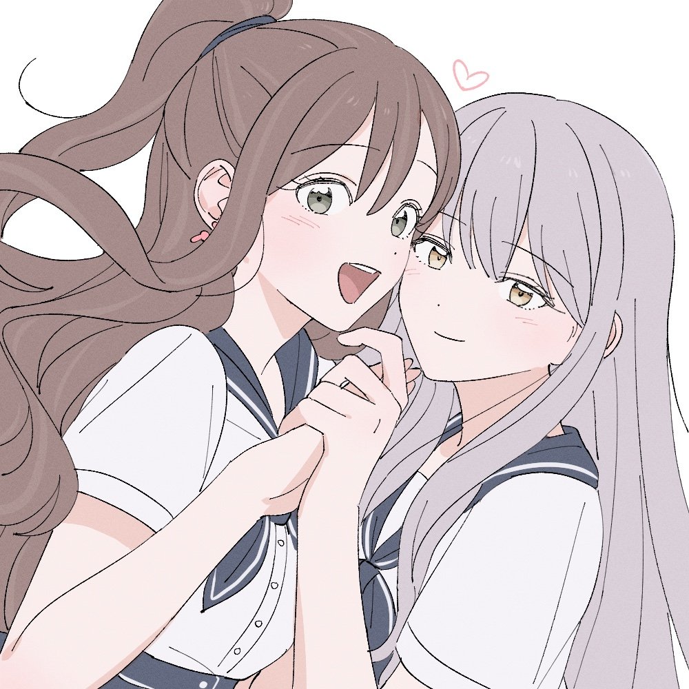 cookie (accountxmix), imai lisa, minato yukina, bang dream!, commentary request, korean commentary, 2girls, blue neckerchief, brown eyes, brown hair, cheek-to-cheek, choker, couple, dot nose, grey hair, hair between eyes, half updo, hand up, haneoka school uniform, happy, heads together, heart, holding hands, long bangs, long hair, looking at viewer, multiple girls, neckerchief, open mouth, ponytail, school uniform, shirt, short sleeves, simple background, smile, straight hair, upper body, white background, white shirt, yuri