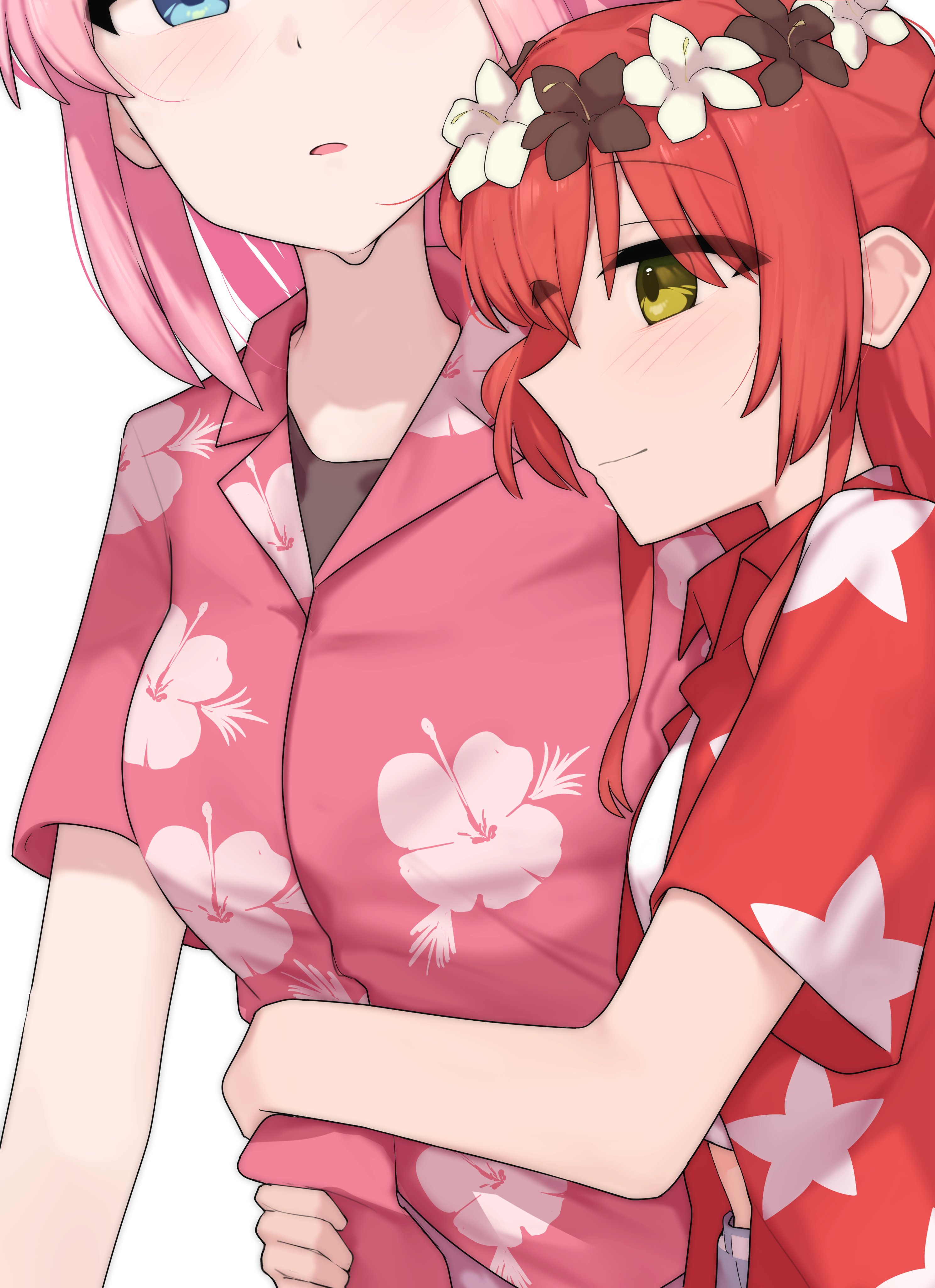 finerain, gotoh hitori, kita ikuyo, bocchi the rock!, absurdres, highres, 2girls, black shirt, blue eyes, blush, floral print shirt, head wreath, hug, long hair, multiple girls, pink hair, pink shirt, red hair, red shirt, shirt, shirt under shirt, side ponytail, simple background, sweat, white background, yellow eyes, yuri