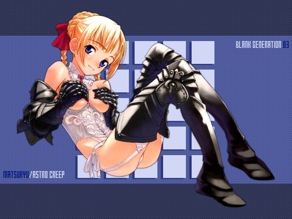 matsuryuu, artoria pendragon (fate), saber (fate), saber alter, fate/stay night, fate (series), 00s, 1girl, armor, blonde hair, blue eyes, braid, braided bun, breastless clothes, breasts, corset, couter, covering breasts, covering privates, female focus, garter belt, gauntlets, hair bun, leg armor, lingerie, panties, solo, thighhighs, underwear, white garter belt