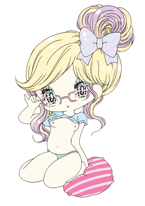 sekiya yurie, original, 1girl, blonde hair, bow, breasts, deformed, eyelashes, eyeshadow, glasses, hair bow, hair bun, makeup, multicolored eyes, nipples, pink hair, single hair bun, sitting, solo, sparkling eyes