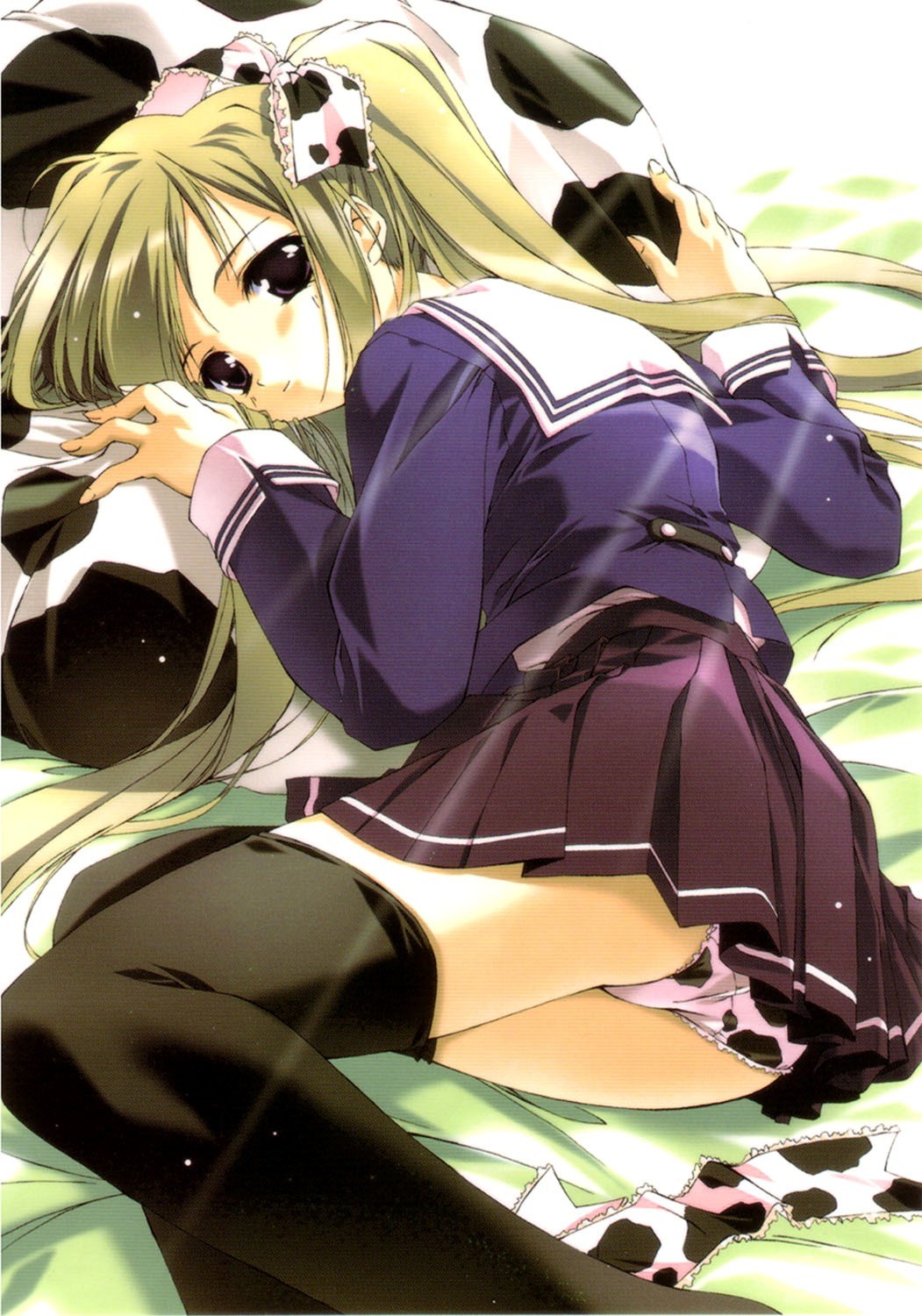 shintarou, original, highres, 1girl, animal print, ass, bed, black thighhighs, blue eyes, cow print, female focus, frills, green hair, hair ribbon, lace, lace-trimmed panties, lace trim, long hair, looking back, lying, miniskirt, on side, panties, pantyshot, pillow, pleated skirt, ponytail, print panties, purple eyes, ribbon, school uniform, serafuku, skirt, solo, thighhighs, underwear, upskirt, white panties
