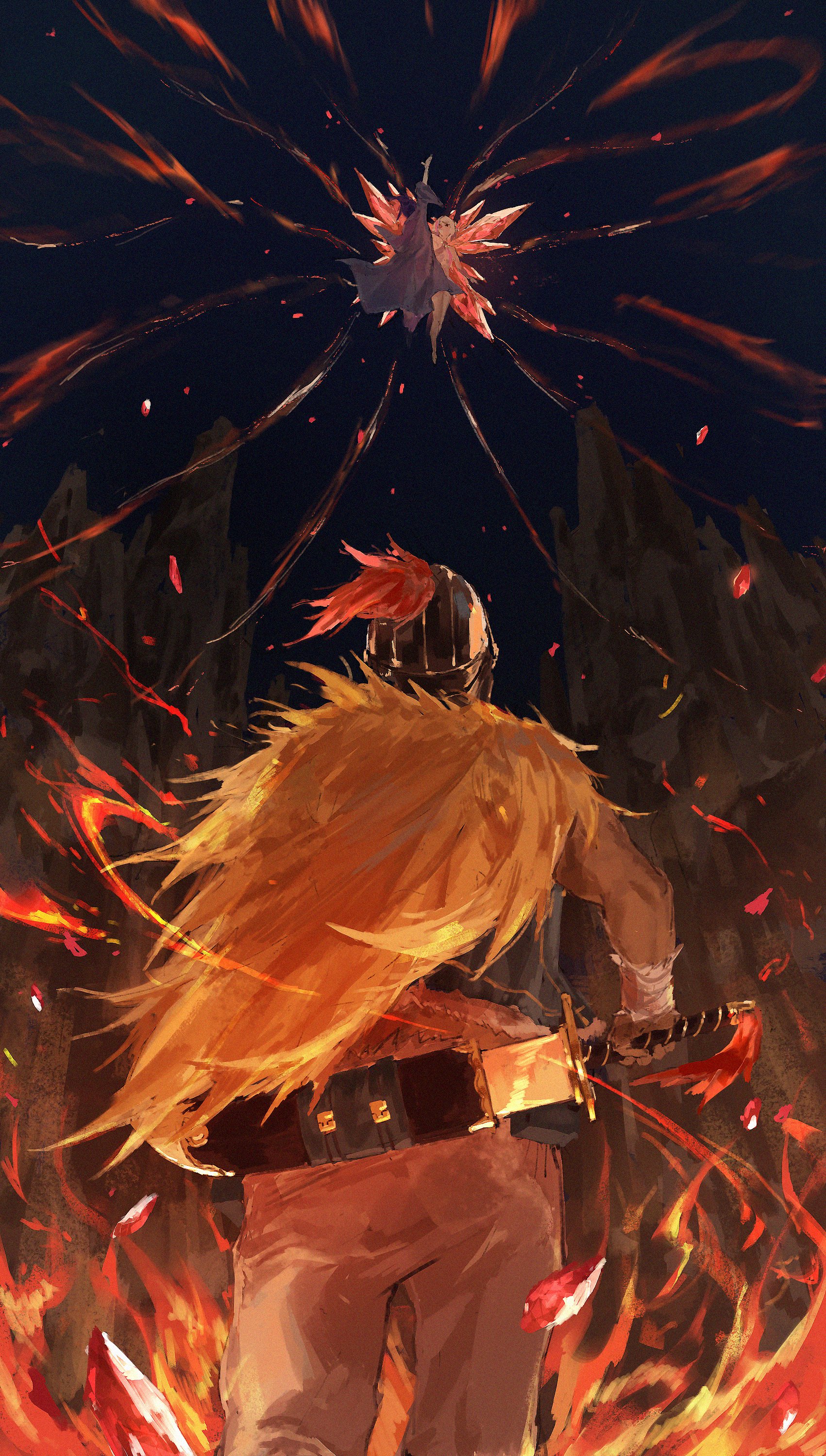 ro ka ro ka, aldebaran (re:zero), arakiya (re:zero), re:zero kara hajimeru isekai seikatsu, absurdres, highres, 1boy, back, bandages, cloak, dark background, facing away, fire, floating, from behind, helmet, holding, holding sword, holding weapon, plume, sheath, standing, sword, unsheathing, weapon