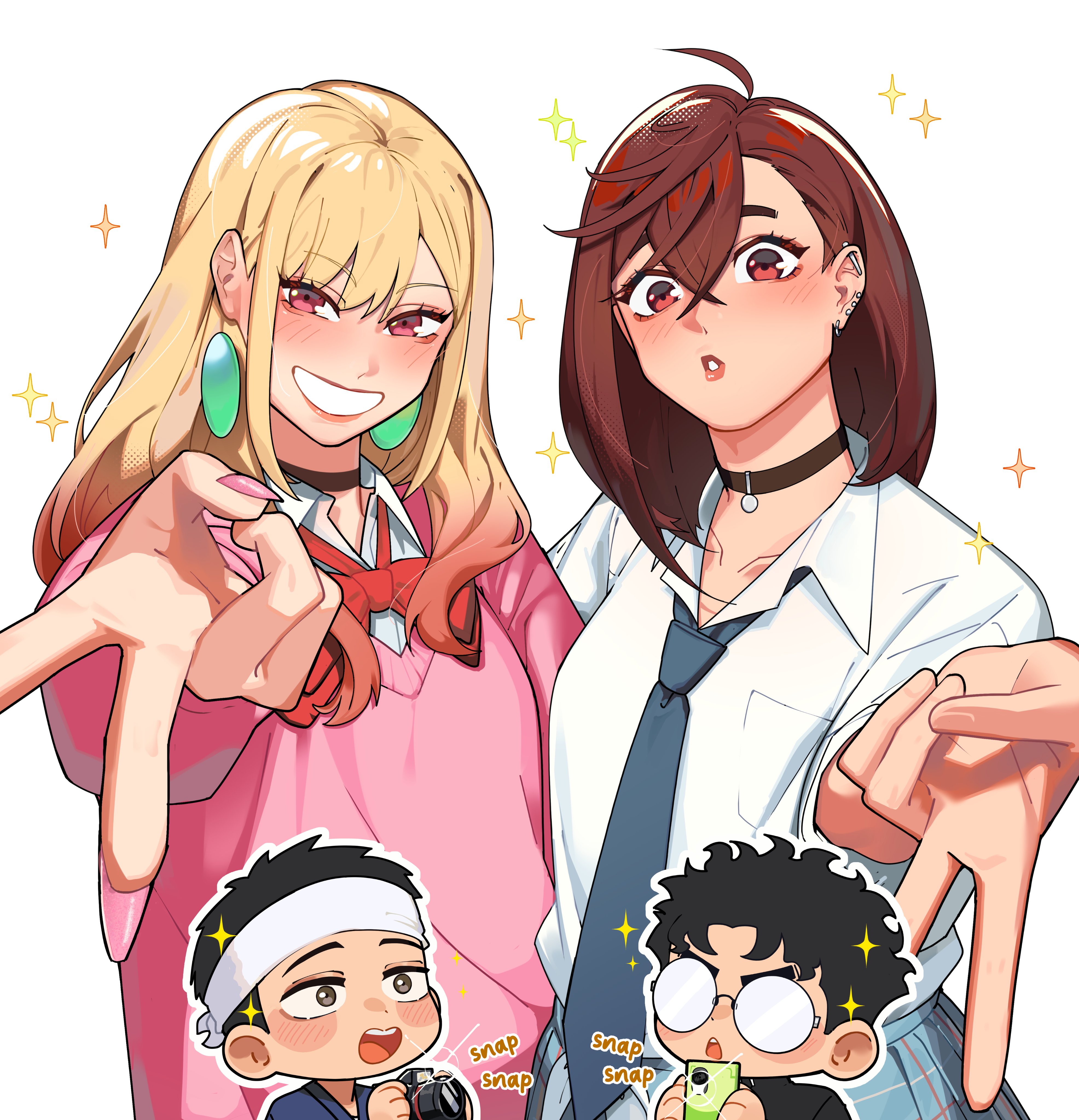 yuqi non, ayase momo, gojou wakana, kitagawa marin, takakura ken (dandadan), dandadan, sono bisque doll wa koi wo suru, absurdres, commentary request, highres, 2boys, 2girls, ayase momo (cosplay), barbell piercing, black choker, black hair, black jacket, blonde hair, blue necktie, blue skirt, blush, blush stickers, bow, bowtie, brown hair, camera, choker, collarbone, collared shirt, cosplay, costume switch, crossed bangs, crossover, ear piercing, earrings, gakuran, glasses, glint, gyaru, gyaru v, hair behind ear, hair between eyes, headband, holding, holding camera, holding phone, industrial piercing, jacket, jewelry, kami high school uniform, kitagawa marin (cosplay), lips, long hair, long sleeves, looking at viewer, loose bowtie, loose necktie, medium hair, messy hair, multiple boys, multiple girls, nail polish, necktie, open mouth, outstretched arm, parted lips, phone, piercing, pink lips, pink nails, pink sweater, pleated skirt, red bow, red bowtie, red eyes, round eyewear, school uniform, shirt, short hair, simple background, skirt, smile, sparkle, sweater, taking picture, upper body, v, white background, white headband, white shirt