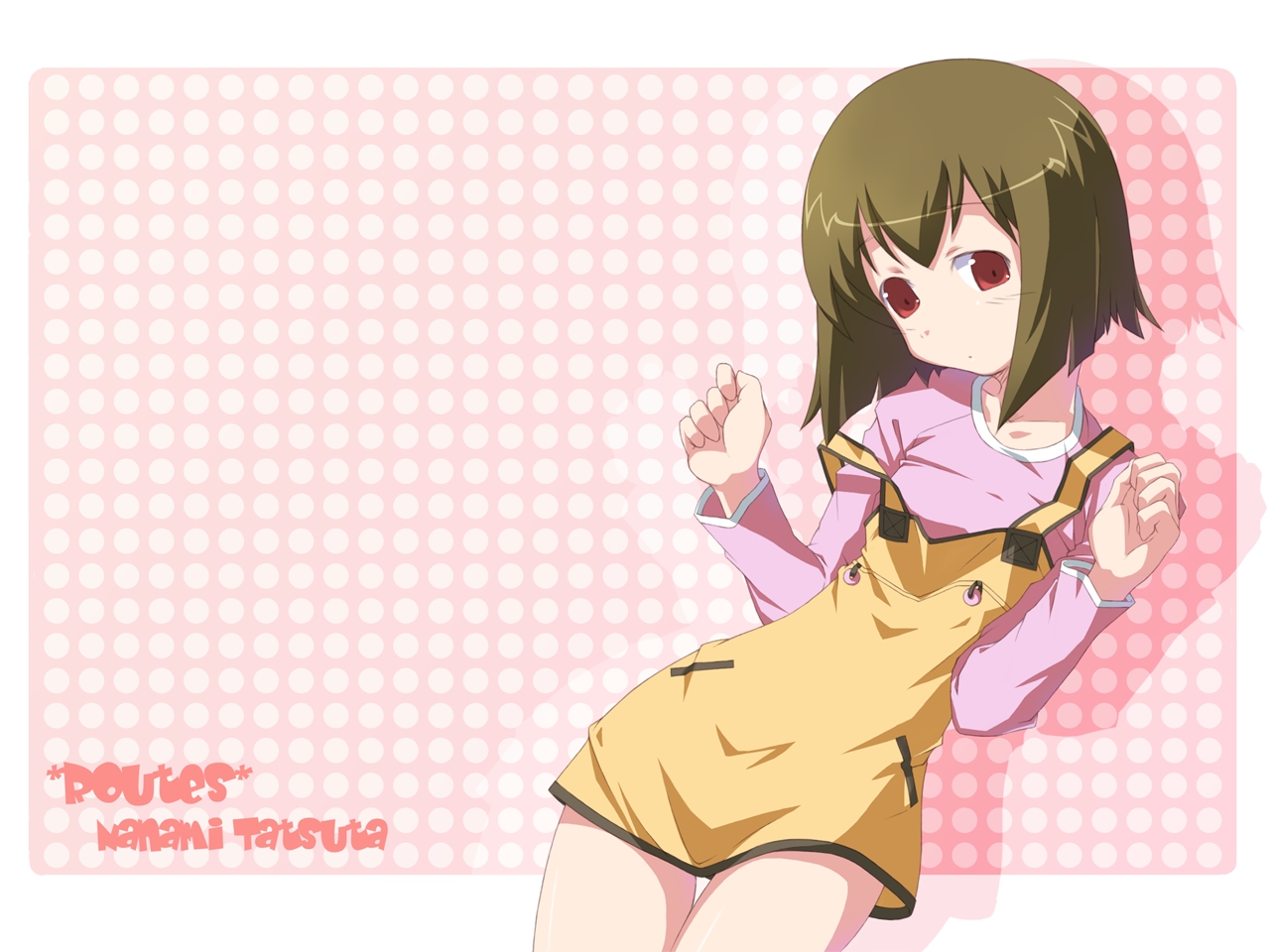 tatsuta nanami, routes, 1girl, :o, blush, border, character name, collarbone, dress, female focus, green hair, long sleeves, overalls, pinafore dress, pink background, pink shirt, red eyes, shirt, simple background, sleeveless, sleeveless dress, solo, standing, thigh gap, white border